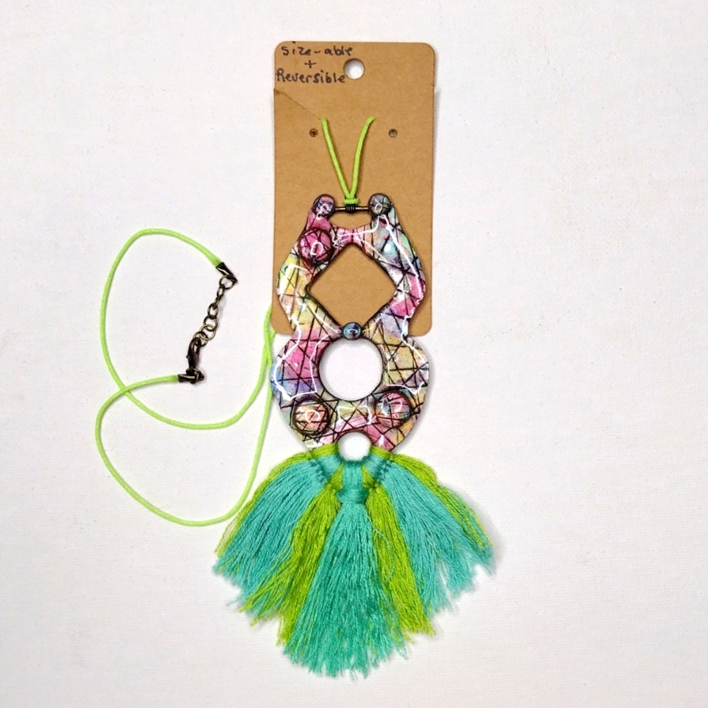 Crazy 8 Fan tassel reversible necklace turquoise lime green OOAK creation